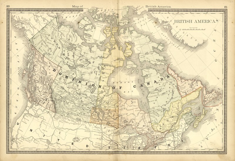A map of British America: Dominion of Canada that demonstrates how Canada and the United States was colonized by settlers in 1882.