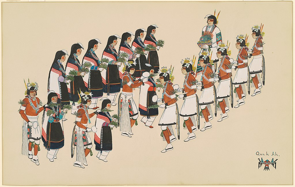 A coloured drawing depicting lines of Hopi dancers in traditional ceremonial clothing celebrating a corn dance.