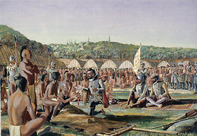 Jacques Cartier meeting with the St. Lawrence Iroquois at Hochelaga during his second voyage in 1535.