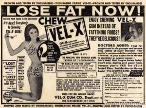 A black and white comic book advertizement selling Vel-X gum to "Lose Fat Now."