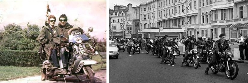 Two mods sitting on a scooter (right) and rockers riding motorcycles (left)