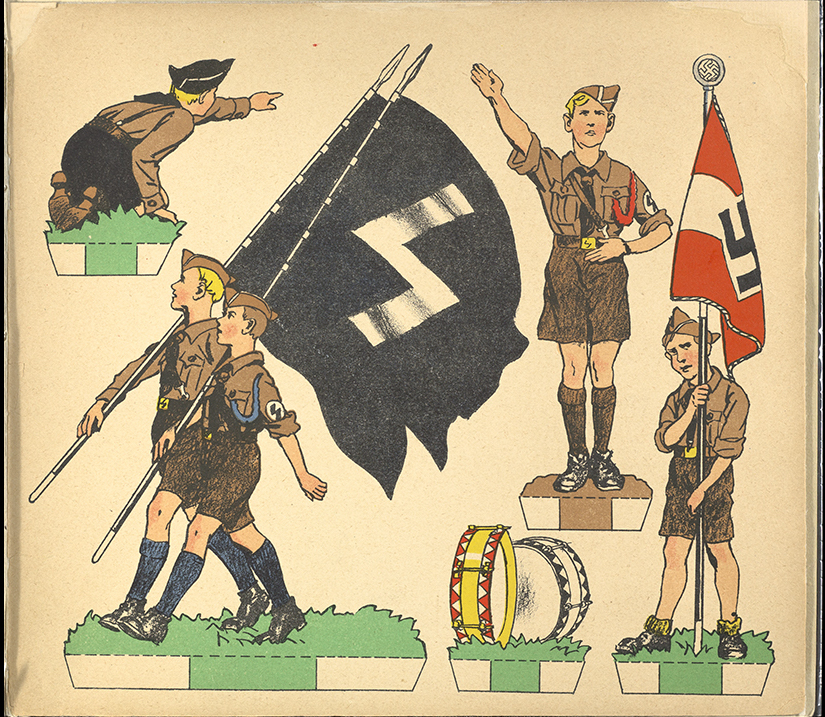 Page from a children's booklet with cut-out illustrations depicting members of the Nazi Party's youth organizations.