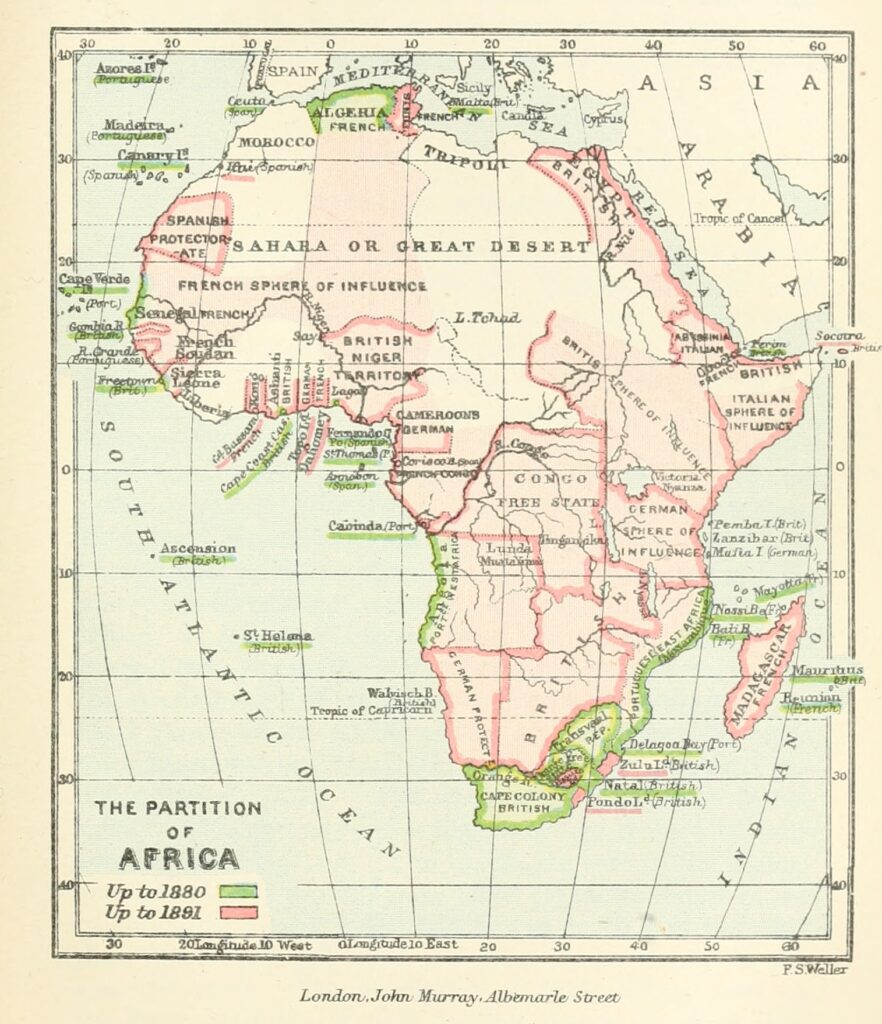Map of Africa in the 19th century divided into colonial territories.