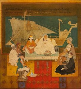 Sinbad the sailor represented as an older merchant seated on a dais and surrounded by traders from different cultures.