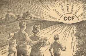 CCF promotional poster. A family walks up a road towards the rising sun. The sun is labeled "CCF" with the suns rays saying, "Prosperity, justice, democracy, unity, equality, freedom, security."