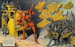 Illustration shows William Randolph Hearst as a jester tossing newspapers with headlines such as "Appeals to Passion," "Venom," "Sensationalism," "Attacks on Honest Officials," "Strife," "Distorted News," "Personal Grievance," and "Misrepresentation" to a crowd of eager readers.