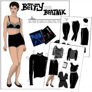 Betty the Beatnik with a collection of fashion choices including black, long sleeve shirts and turtlenecks, black pants, and long black dresses.