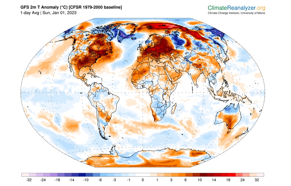 Map of the globe showing temperature anomalies for January 1, 2023. The Northern Hemisphere is covered by exceptional warmth marked by dark red areas on the map.