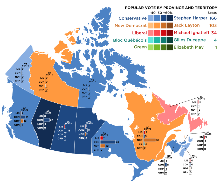 Map of Canada showing the provincial distribution of votes in the 2011 election