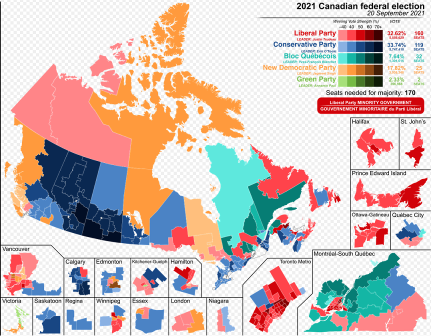 Map of Canada showing the provincial distribution of votes in the 2021 election