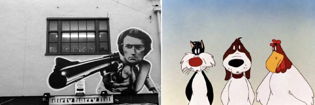 Figure 16.24 Graffiti of the Clint Eastwood film character Dirty Harry pointing his Magnum 0.44 gun. Figure 16.25 Image of Looney Toon cartoon characters: Sylvester, Barnyard and Foghorn in "Crowing Pains" (1947).
