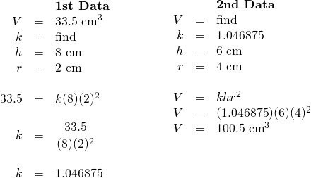 \begin{array}{ll} \begin{array}{rrl} \\ \\ \\ &&\textbf{1st Data} \\ V&=&33.5\text{ cm}^3 \\ k&=&\text{find} \\ h&=&\text{8 cm} \\ r&=&\text{2 cm} \\ \\ 33.5&=&k(8)(2)^2 \\ \\ k&=&\dfrac{33.5}{(8)(2)^2} \\ \\ k&=&1.046875 \end{array} & \hspace{0.5in} \begin{array}{rrl} &&\textbf{2nd Data} \\ V&=&\text{find} \\ k&=&1.046875 \\ h&=&\text{6 cm} \\ r&=&\text{4 cm} \\ \\ V&=&khr^2 \\ V&=&(1.046875)(6)(4)^2 \\ V&=&100.5\text{ cm}^3 \end{array} \end{array}