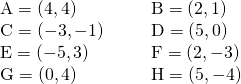 \begin{array}{ll} \\ \\ \\ \text{A}=(4,4)\hspace{0.5in}&\text{B}=(2,1) \\ \text{C}=(-3,-1)&\text{D}=(5,0) \\ \text{E}=(-5,3)&\text{F}=(2,-3) \\ \text{G}=(0,4)&\text{H}=(5, -4) \end{array}