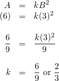 \begin{array}{rrl} \\ \\ \\ \\ \\ \\ A&=&kB^2 \\ (6)&=&k(3)^2 \\ \\ \dfrac{6}{9}&=&\dfrac{k(3)^2}{9} \\ \\ k&=&\dfrac{6}{9}\text{ or }\dfrac{2}{3} \end{array}