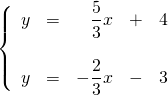 \left\{ \begin{array}{rrrrr} y&=&\dfrac{5}{3}x&+&4 \\ \\ y&=&-\dfrac{2}{3}x&-&3 \right. \end{array}