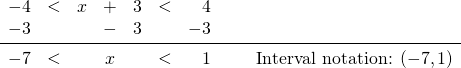 \begin{array}{rrrcrrrr} \\ \\ -4&<&x&+&3&<&4& \\ -3&&&-&3&&-3& \\ \midrule -7&<&&x&&<&1& \hspace{0.25in} \text{Interval notation: } (-7,1) \end{array}