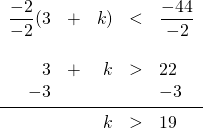 \begin{array}{rrrrl} \\ \\ \\ \\ \\ \dfrac{-2}{-2}(3&+ &k)&<& \dfrac{-44}{-2} \\ \\ 3&+ &k &>&22 \\ -3&&&&-3 \\ \midrule && k&>&19 \end{array}