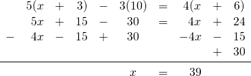 \begin{array}{rrrrrcrrrr} &5(x&+&3)&-&3(10)&=&4(x&+&6) \\ &5x&+&15&-&30&=&4x&+&24 \\ -&4x&-&15&+&30&&-4x&-&15 \\ &&&&&&&&+&30 \\ \midrule &&&&&x&=&39&& \end{array}