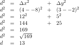 \begin{array}{lllll} \\ \\ \\ \\ \\ \\ d^2&=&\Delta x^2&+&\Delta y^2 \\ d^2&=&(4--8)^2&+&(3--2)^2 \\ d^2&=&12^2&+&5^2 \\ d^2&=&144&+&25 \\ d^2&=&169&& \\ d^2&=&\sqrt{169}&& \\ d&=&13&& \end{array}