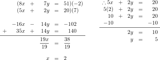 \begin{array}{ll} \begin{array}{rrrrrl} \\ \\ \\ \\ \\ \\ \\ \\ \\ &(8x&+&7y&=&51)(-2) \\ &(5x&+&2y&=&20)(7) \\ \\ &-16x&-&14y&=&-102 \\ +&35x&+&14y&=&\phantom{-}140 \\ \midrule &&&\dfrac{19x}{19}&=&\dfrac{38}{19} \\ \\ &&&x&=&2 \\ \\ \end{array} & \hspace{0.25in} \begin{array}{rrrrr} \\ \\ \\ \\ \\ \therefore 5x&+&2y&=&20 \\ 5(2)&+&2y&=&20 \\ 10&+&2y&=&20 \\ -10&&&&-10 \\ \midrule &&2y&=&10 \\ &&y&=&5 \end{array} \end{array}
