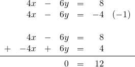 \begin{array}{rrrrrrr} &4x&-&6y&=&8& \\ &4x&-&6y&=&-4&(-1) \\ \\ &4x&-&6y&=&8& \\ +&-4x&+&6y&=&4& \\ \midrule &&&0&=&12& \\ \end{array}