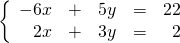 \left\{ \begin{array}{rrrrr} -6x&+&5y&=&22 \\ 2x&+&3y&=&2 \right. \end{array}