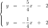 \left\{ \begin{array}{rrrrr} y&=&-\dfrac{5}{4}x&-&2 \\ \\ y&=&-\dfrac{1}{4}x&+&2 \right. \end{array}
