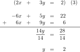 \begin{array}{rrrrrrr} &(2x&+&3y&=&2)&(3) \\ \\ &-6x&+&5y&=&22& \\ +&6x&+&9y&=&6& \\ \midrule &&&\dfrac{14y}{14}&=&\dfrac{28}{14}& \\ \\ &&&y&=&2& \end{array}