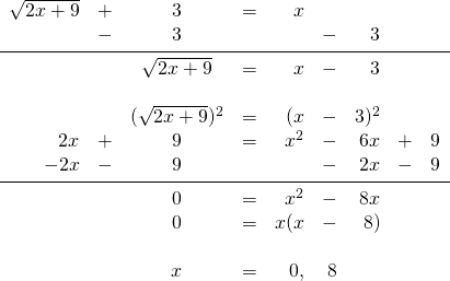 \begin{array}{rrcrrrrrr} \\ \\ \\ \\ \\ \\ \\ \\ \\ \\ \\ \sqrt{2x+9}&+&3&=&x&&&& \\ &-&3&&&-&3&& \\ \midrule &&\sqrt{2x+9}&=&x&-&3&& \\ \\ &&(\sqrt{2x+9})^2&=&(x&-&3)^2&& \\ 2x&+&9&=&x^2&-&6x&+&9 \\ -2x&-&9&&&-&2x&-&9 \\ \midrule &&0&=&x^2&-&8x&& \\ &&0&=&x(x&-&8)&& \\ \\ &&x&=&0,&8&&& \end{array}