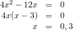 \begin{array}{rrl} \\ \\ 4x^2-12x&=&0 \\ 4x(x-3)&=&0 \\ x&=&0, 3 \end{array}