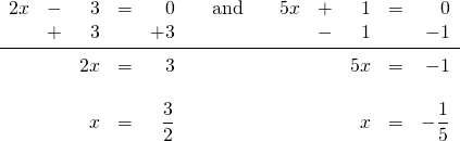 \begin{array}{rrrrrcrrrrr} 2x&-&3&=&0&\hspace{0.15in}\text{and} \hspace{0.15in}&5x&+&1&=&0 \\ &+&3&&+3&&&-&1&&-1 \\ \midrule &&2x&=&3&&&&5x&=&-1 \\ \\ &&x&=&\dfrac{3}{2}&&&&x&=&-\dfrac{1}{5} \end{array}