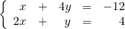 \left\{ \begin{array}{rrrrr} x&+&4y&=&-12 \\ 2x&+&y&=&4 \right. \end{array}