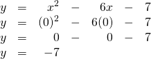 \[\begin{array}{rrrrrrr} y&=&x^2&-&6x&-&7 \\ y&=&(0)^2&-&6(0)&-&7 \\ y&=&0&-&0&-&7 \\ y&=&-7&&&& \end{array}\]