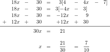 \begin{array}{rrrrrcllll} \\ \\ \\ \\ \\ \\ \\ &18x&-&30&=&3[4&-&4x&-&7] \\ &18x&-&30&=&3[-4x&-&3]&& \\ &18x&-&30&=&-12x&-&\phantom{1}9&& \\ +&12x&+&30&&+12x&+&30&& \\ \midrule &&&30x&=&21&&&& \\ \\ &&&x&=&\dfrac{21}{30}&=&\dfrac{7}{10}&& \end{array}