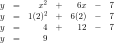 \[\begin{array}{rrrrrrr} y&=&x^2&+&6x&-&7 \\ y&=&1(2)^2&+&6(2)&-&7 \\ y&=&4&+&12&-&7 \\ y&=&9&&&& \end{array}\]