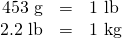 \[\begin{array}{rrl} 453\text{ g}&=&1\text{ lb} \\ 2.2\text{ lb}&=&1\text{ kg} \end{array}\]