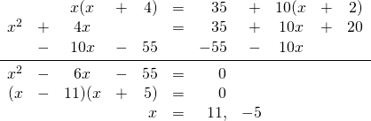 \begin{array}{rrcrrrrrcrr} &&x(x&+&4)&=&35&+&10(x&+&2) \\ x^2&+&4x&&&=&35&+&10x&+&20 \\ &-&10x&-&55&&-55&-&10x&& \\ \midrule x^2&-&6x&-&55&=&0&&&& \\ (x&-&11)(x&+&5)&=&0&&&& \\ &&&&x&=&11,&-5&&& \end{array}