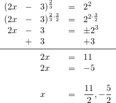 \begin{array}{rrlrl} \\ \\ \\ \\ \\ \\ \\ \\ (2x&-&3)^{\frac{2}{3}}&=&2^2 \\ (2x&-&3)^{\frac{2}{3}\cdot \frac{3}{2}}&=&2^{2\cdot \frac{3}{2}} \\ 2x&-&3&=&\pm 2^3 \\ &+&3&&+3 \\ \midrule &&2x&=&11 \\ &&2x&=&-5 \\ \\ &&x&=&\dfrac{11}{2}, -\dfrac{5}{2} \end{array}