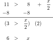 \begin{array}{rrrrr} \\ \\ \\ \\ \\ 11&>&8&+ & \dfrac{x}{2} \\ -8&&-8&& \\ \midrule (3 &> & \dfrac{x}{2})& (2)& \\ \\ 6 & > & x && \end{array}