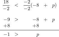\begin{array}{rrrrl} \\ \\ \\ \\ \\ \dfrac{18}{-2}&<&\dfrac{-2}{-2}(-8&+&p) \\ \\ -9&>&-8&+&p \\ +8&&+8&& \\ \midrule -1&>&p&& \end{array}