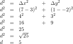 \begin{array}{lllll} \\ \\ \\ \\ \\ \\ d^2&=&\Delta x^2&+&\Delta y^2 \\ d^2&=&(7-3)^2&+&(1--2)^2 \\ d^2&=&4^2&+&3^2 \\ d^2&=&16&+&9 \\ d^2&=&25&& \\ d^2&=&\sqrt{25}&& \\ d&=&5&& \end{array}
