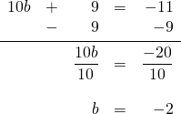 \begin{array}{rrrrr} 10b&+&9&=&-11 \\ &-&9&&-9 \\ \midrule &&\dfrac{10b}{10}&=&\dfrac{-20}{10} \\ \\ &&b&=&-2 \end{array}