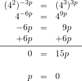\begin{array}{rrl} \\ \\ \\ \\ \\ \\ (4^2)^{-3p}&=&(4^3)^{3p} \\ 4^{-6p}&=&4^{9p} \\ -6p&=&\phantom{+}9p \\ +6p&&+6p \\ \midrule 0&=&15p \\ \\ p&=&0 \end{array}