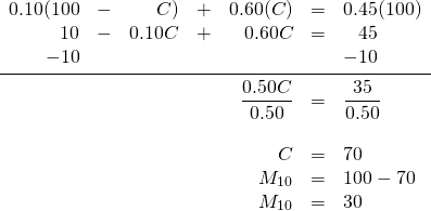 \begin{array}{rrrrrrl} 0.10(100&-&C)&+&0.60(C)&=&0.45(100) \\ 10&-&0.10C&+&0.60C&=&\phantom{-}45 \\ -10&&&&&&-10 \\ \midrule &&&&\dfrac{0.50C}{0.50}&=&\dfrac{35}{0.50} \\ \\ &&&&C&=&70 \\ &&&&M_{10}&=&100-70 \\ &&&&M_{10}&=&30 \end{array}