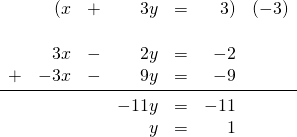 \begin{array}{rrrrrrr} &(x&+&3y&=&3)&(-3) \\ \\ &3x&-&2y&=&-2& \\ +&-3x&-&9y&=&-9& \\ \midrule &&&-11y&=&-11& \\ &&&y&=&1& \\ \end{array}