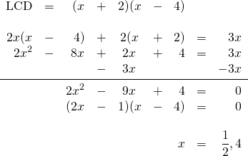 \begin{array}{rrrrcrrrr} \\ \\ \\ \\ \\ \\ \\ \\ \\ \text{LCD}&=&(x&+&2)(x&-&4)&& \\ \\ 2x(x&-&4)&+&2(x&+&2)&=&3x \\ 2x^2&-&8x&+&2x&+&4&=&3x \\ &&&-&3x&&&&-3x \\ \midrule &&2x^2&-&9x&+&4&=&0 \\ &&(2x&-&1)(x&-&4)&=&0 \\ \\ &&&&&&x&=&\dfrac{1}{2}, 4 \end{array}