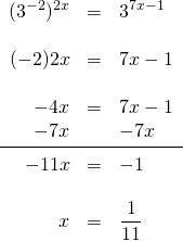 \[\begin{array}{rrl} (3^{-2})^{2x}&=&3^{7x-1} \\ \\ (-2)2x&=&7x-1 \\ \\ -4x&=&7x-1 \\ -7x&&-7x \\ \midrule -11x&=&-1 \\ \\ x&=&\dfrac{1}{11} \end{array}\]