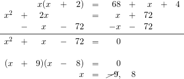 \begin{array}{rrcrrrrrrrl} &&x(x&+&2)&=&68&+&x&+&4 \\ x^2&+&2x&&&=&x&+&72&& \\ &-&x&-&72&&-x&-&72&& \\ \midrule x^2&+&x&-&72&=&0&&&& \\ \\ (x&+&9)(x&-&8)&=&0&&&& \\ &&&&x&=&\cancel{-9},&8&&& \end{array}