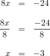 \begin{array}{rrl} \\ \\ \\ \\ \\ 8x&=&-24\\ \\ \dfrac {8x}{8}&=&\dfrac{-24}{8}\\ \\ x&=&-3 \end{array}