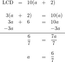 \begin{array}{rrlrl} \\ \\ \\ \\ \\ \\ \\ \\ \\ \text{LCD}&=&10(a&+&2) \\ \\ 3(a&+&2)&=&10(a) \\ 3a&+&6&=&10a \\ -3a&&&&-3a \\ \midrule &&\dfrac{6}{7}&=&\dfrac{7a}{7} \\ \\ &&a&=&\dfrac{6}{7} \end{array}